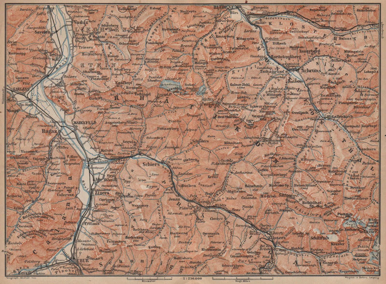 BAD RAGAZ PRÄTIGAU MONTAFON ENVIRONS. Wangs Rätikon Bludenz Maienfeld 1907 map